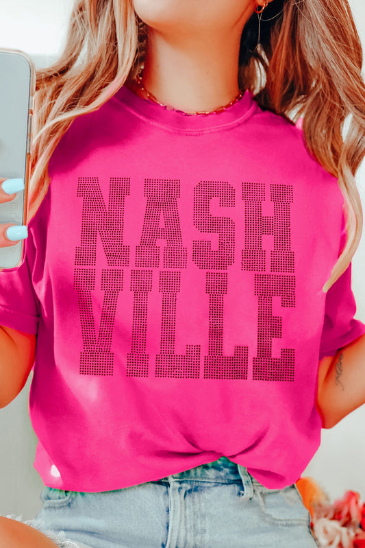 T-shirt ras du cou à strass NASHVILLE, motif graphique, rouge rose