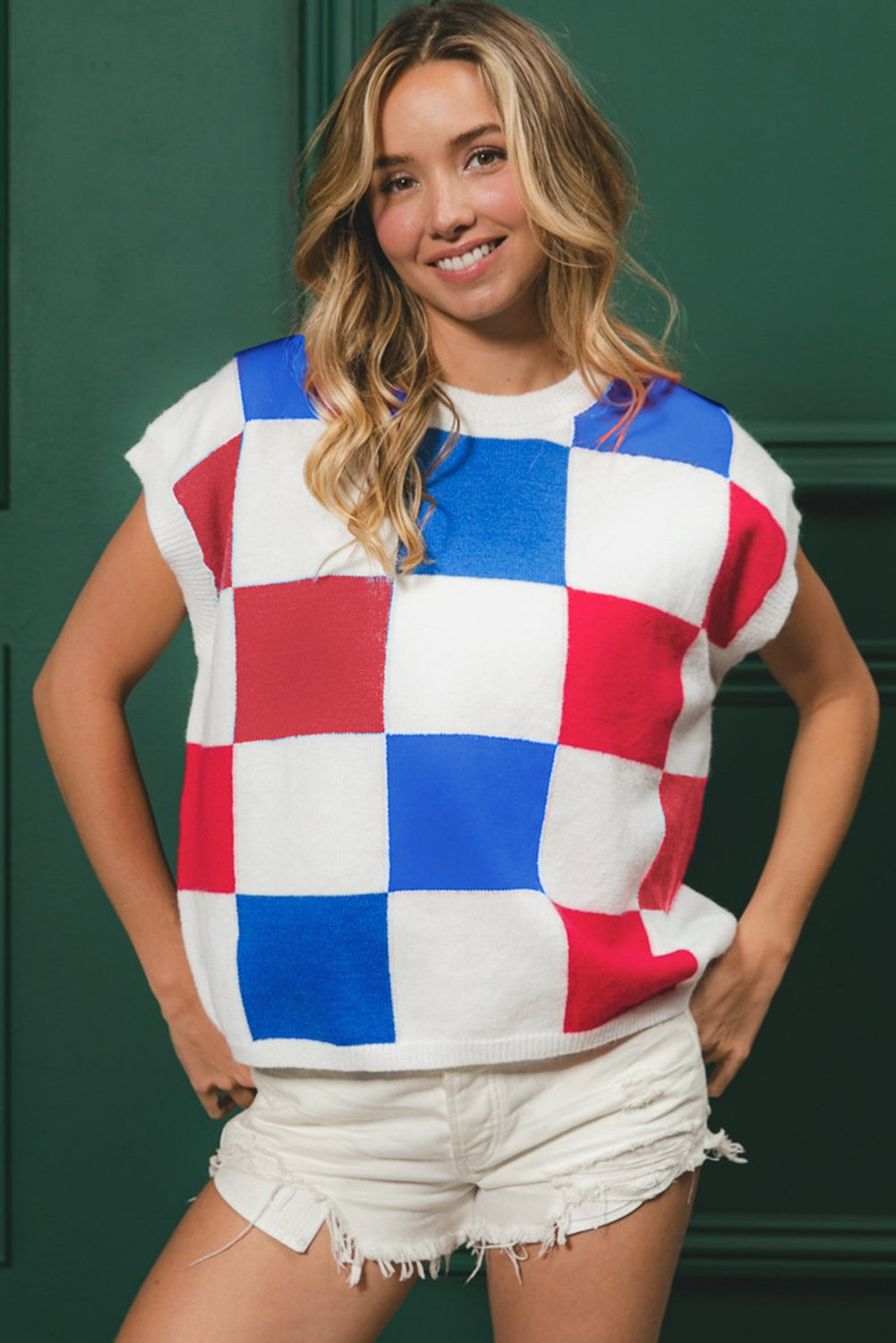 Pull à manches courtes et blocs de couleurs blancs