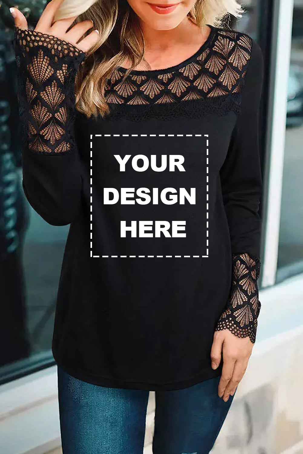 Haut à manches longues et col rond en dentelle et crochet