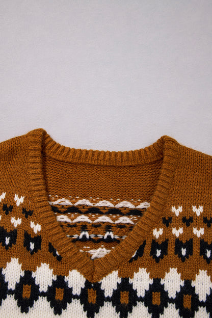 Brown V Neck Short Sleeve Geometric Print Western Style Knit Tee
