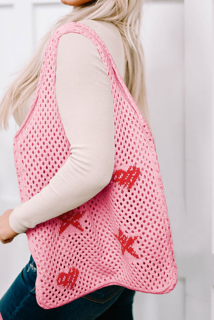 Bolso de hombro de punto ahuecado con estampado de corazón y estrella marrón