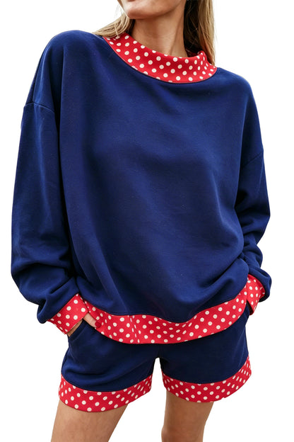 Navy Blue Polka Dot Trim Baggy Pullover 2pcs Short Set