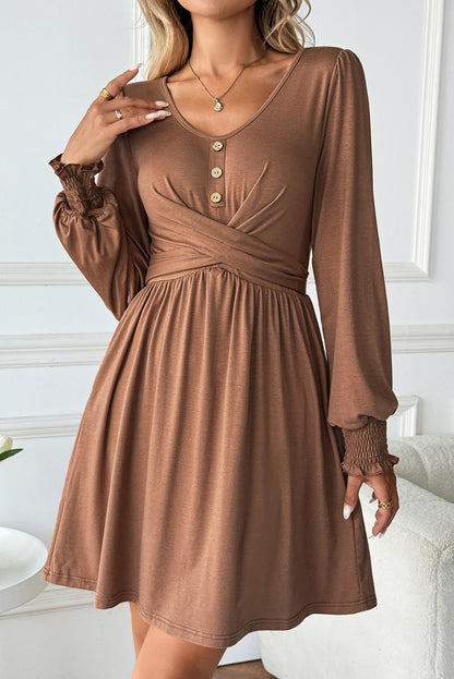 Chestnut Shirred Cuff Long Sleeve Button Round Neck Mini Dress