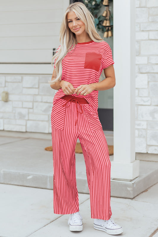 Rose Stripe Crew Neck Tee Drawstring Waist Cropped Pants Set