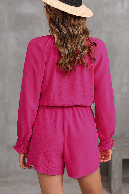 Rose Tie Knot V Neck Puff Long Sleeve Romper