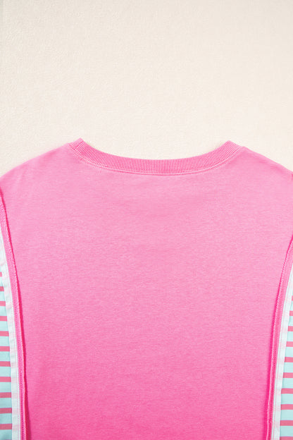 Rose Stripe Color Block Patchwork Relaxed Split Long Sleeve Top