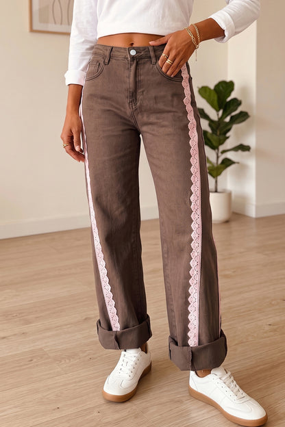 Coffee Lace Trim Casual Full-Length Regular Fit Jeans