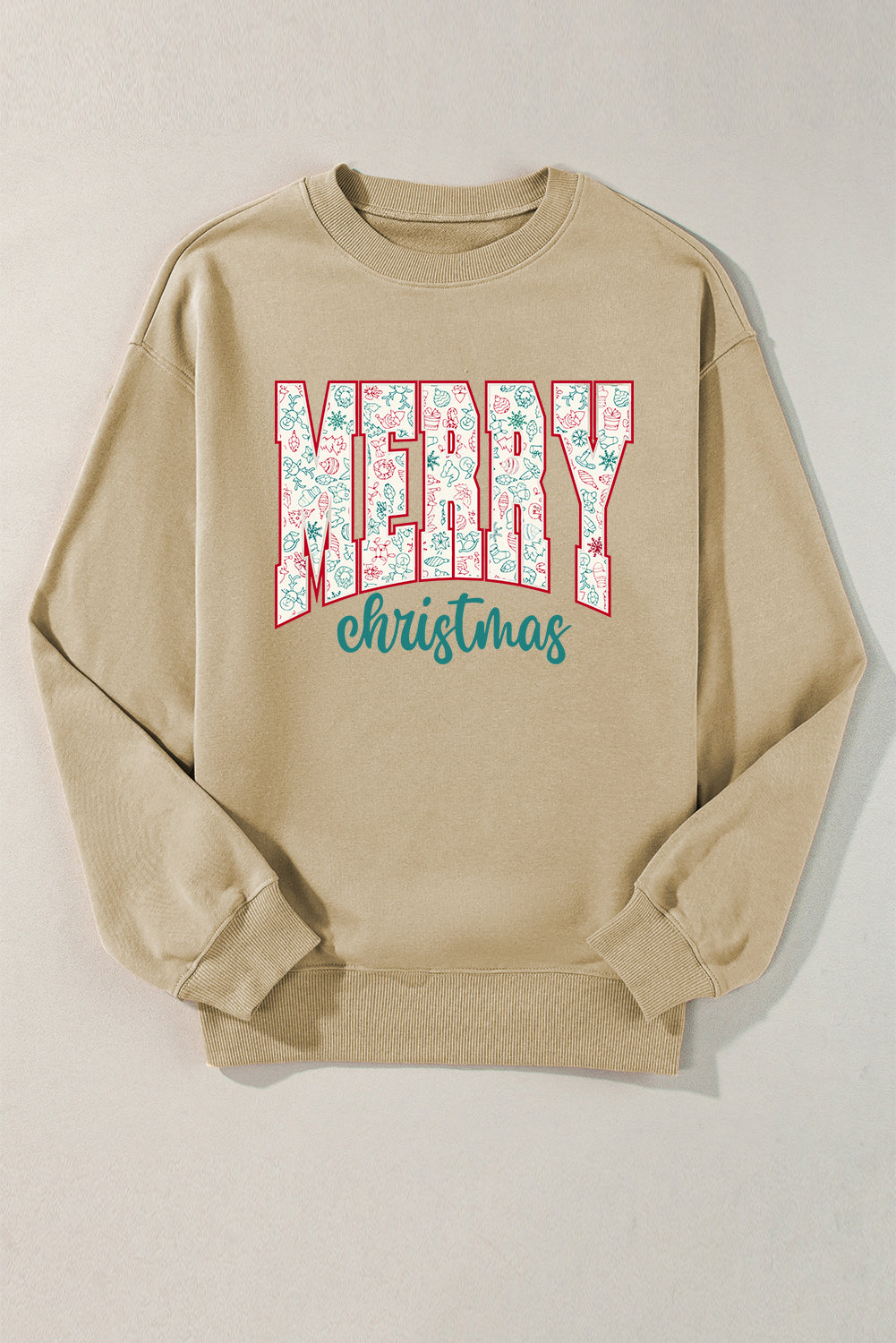 Sweat-shirt graphique imprimé « MERRY Christmas » avec éléments festifs en parchemin