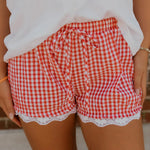 Red Gingham Plaid Tie Elastic Waist Lace Patchwork Hem Casual Shorts
