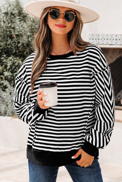 Red Stripe Exposed Seam Drop Shoulder Casual Pullover Top
