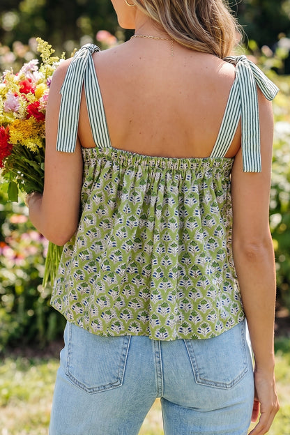 Green Floral Printed Knot Straps Babydoll Tank Top