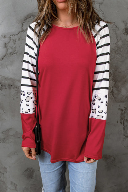 Black Striped Animal Print Colorblock Long Sleeve Top