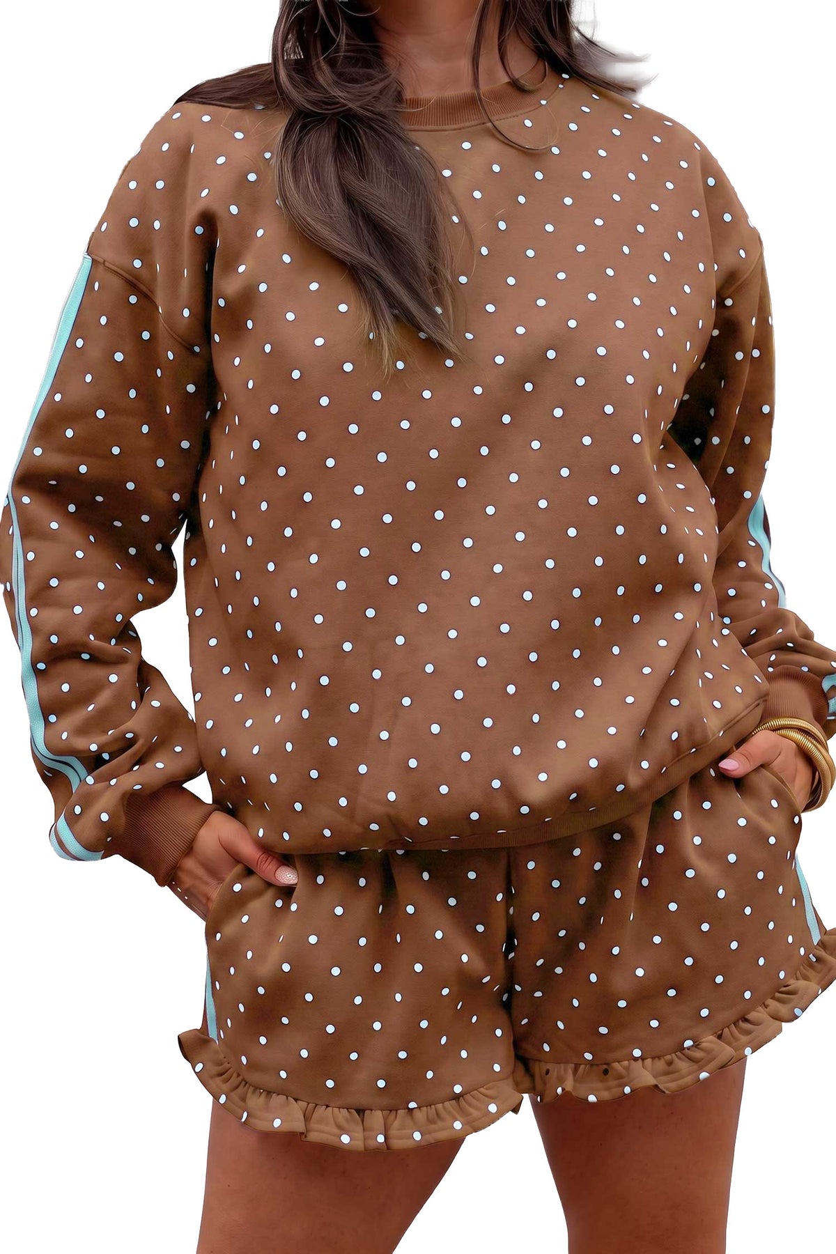Brown Polka Dot Print Side Stripe Detail Casual Sweatshirt 2pcs Short Set