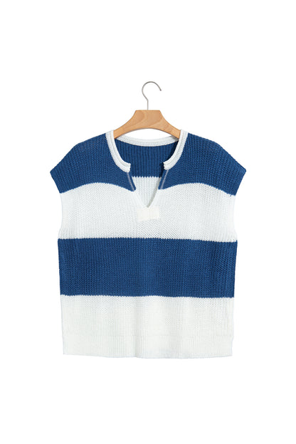 Blue Stripe Striped Colorblock Knit V Neck Short Sleeve Loose Sweater