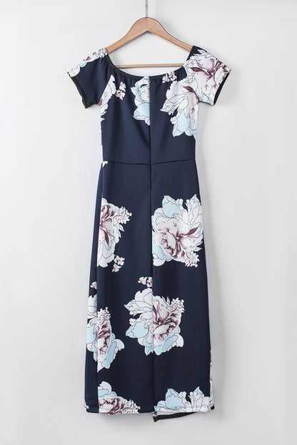Robe mi-longue moulante fendue à épaules dénudées et imprimé floral bleu foncé