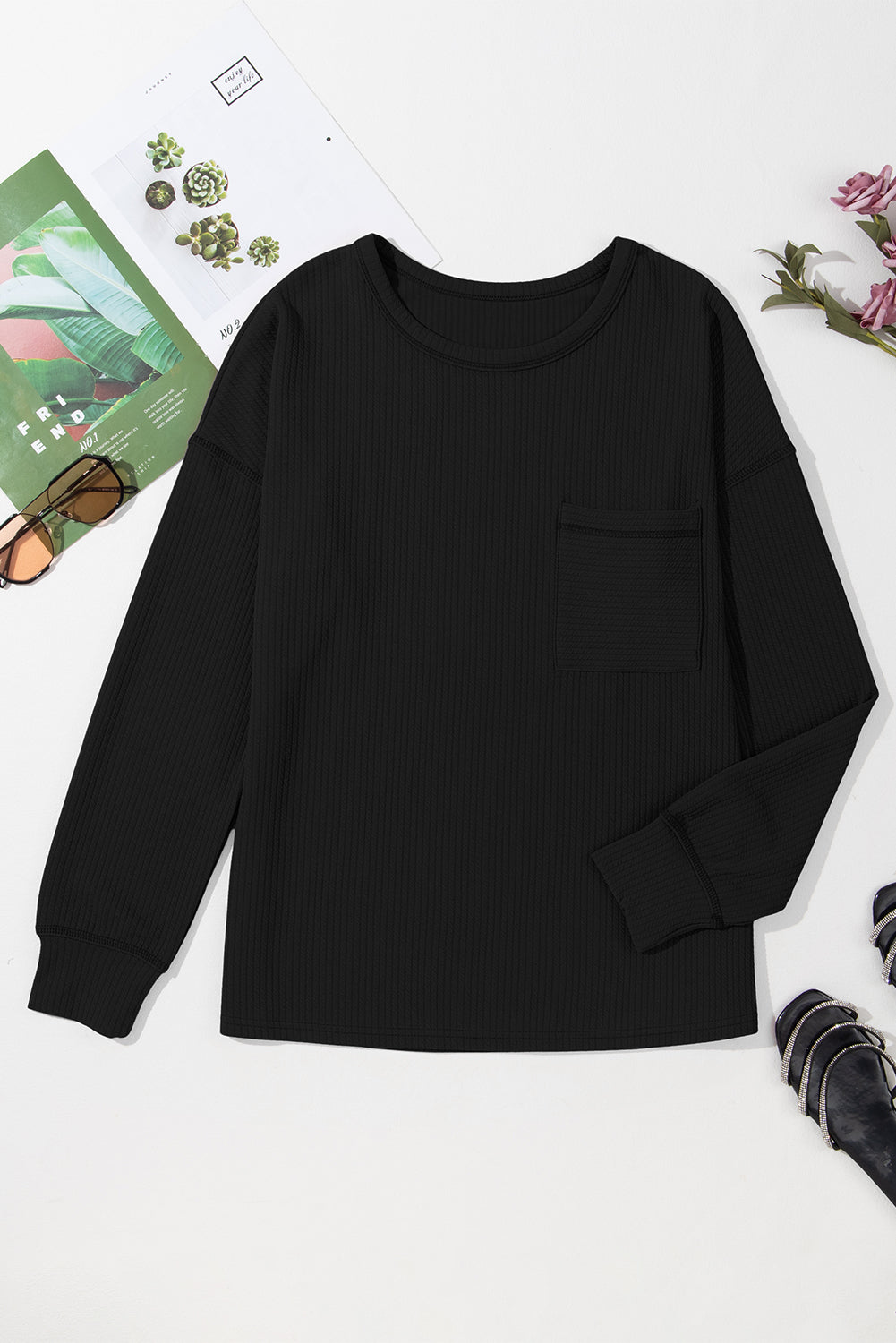 Black Solid Color Corded Drop Shoulder Long Sleeve Top