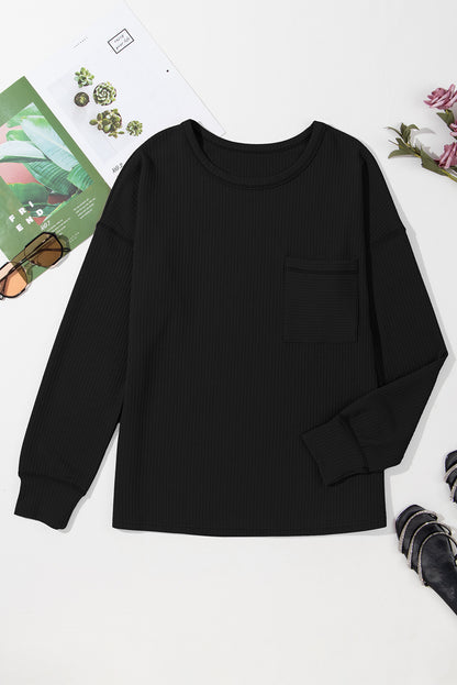 Black Solid Color Corded Drop Shoulder Long Sleeve Top