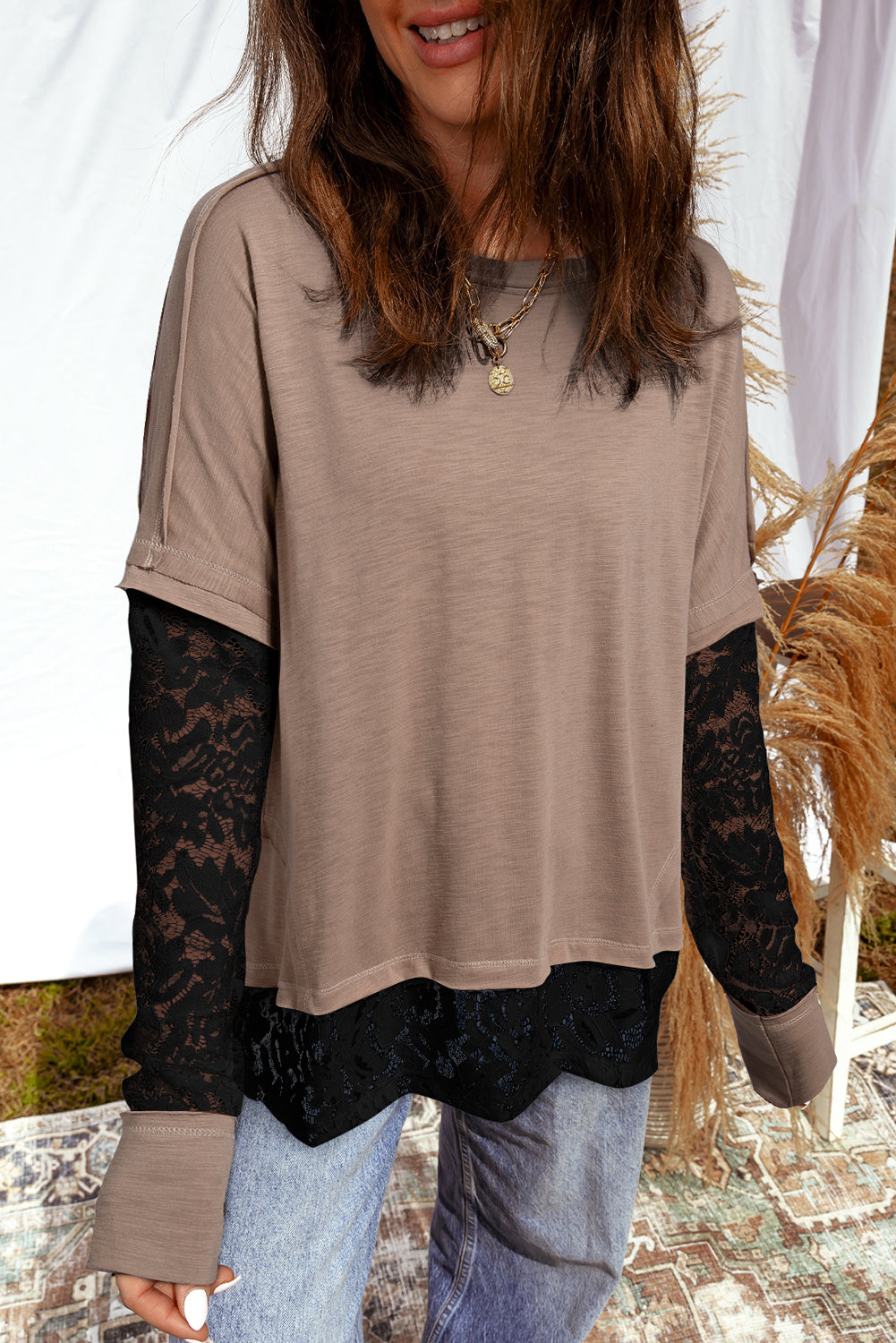 Light French Beige Sheer Lace Patchwork Casual Long Sleeve Tee