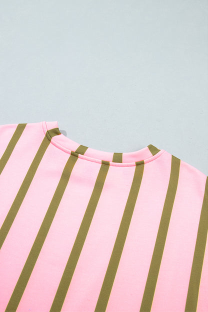 Green Stripe Dropped Shoulder Round Neck Casual Sweatshirt