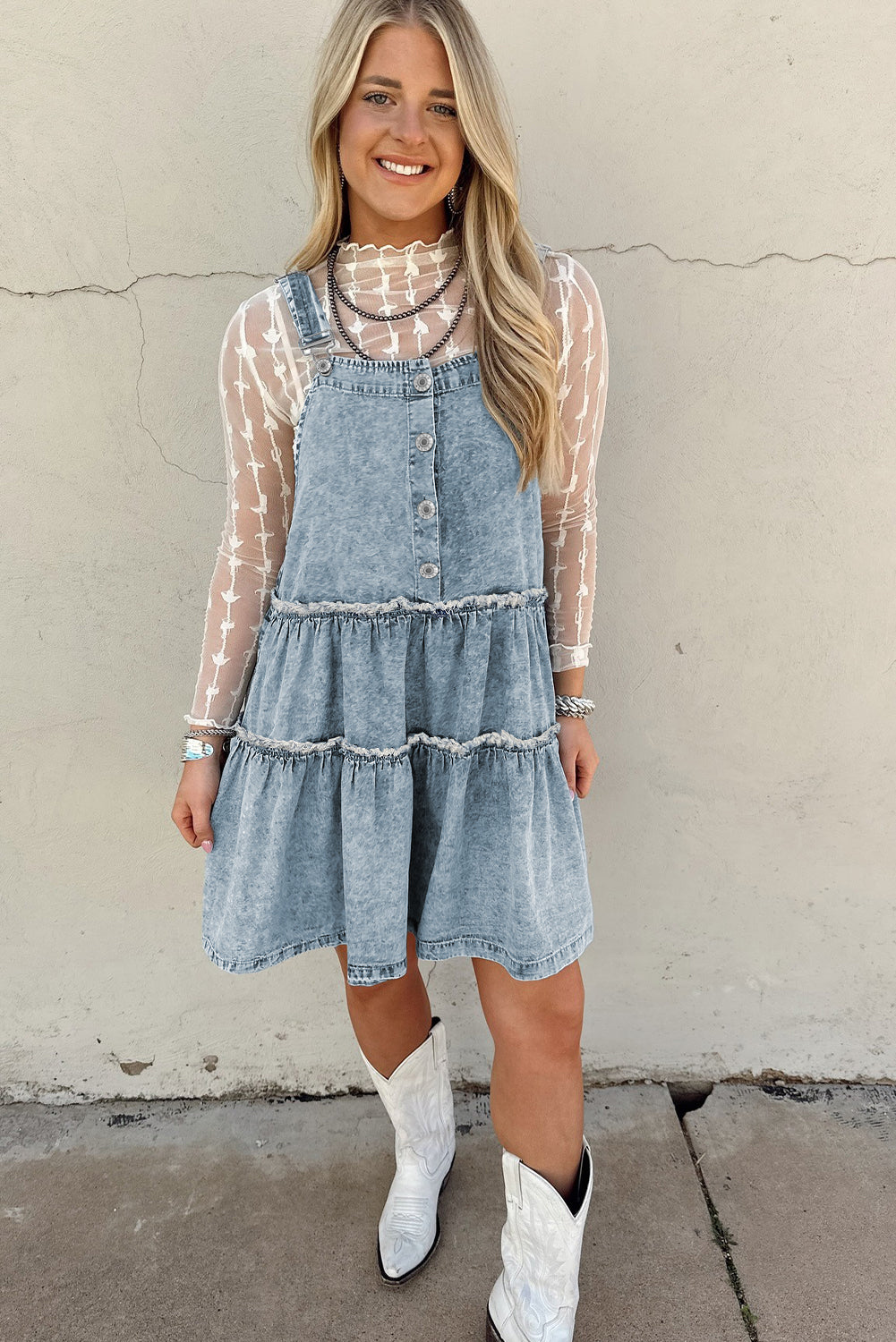 Sunny Angela Women's Washed Denim Tiered Flowy Western Overall Mini Dress - Sunny Angela Dusk Blue / XL Sunny Angela Women's Washed Denim Tiered Flowy Western Overall Mini Dress - Sunny Angela Dusk Blue / XL