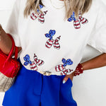 White Sequin Stars and Stripes Balloon Puppy Graphic Crewneck Tee