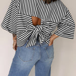Black Stripe Bowknot Cutout Back Drop Shoulder Wide Bracelet Sleeve Loose Tee