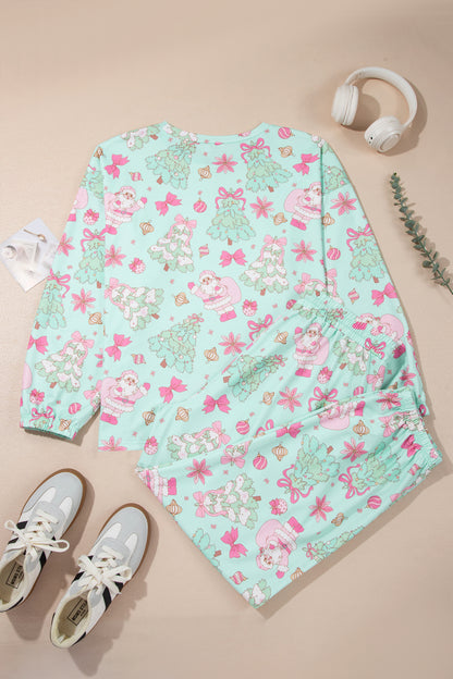 Green Abstract Print Long Sleeve Two Piece Lounge Set