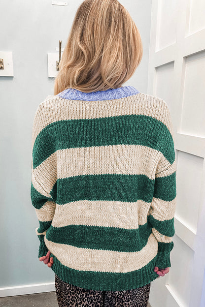 Green Stripe Striped Colorblock Drop Shoulder Pullover Sweater