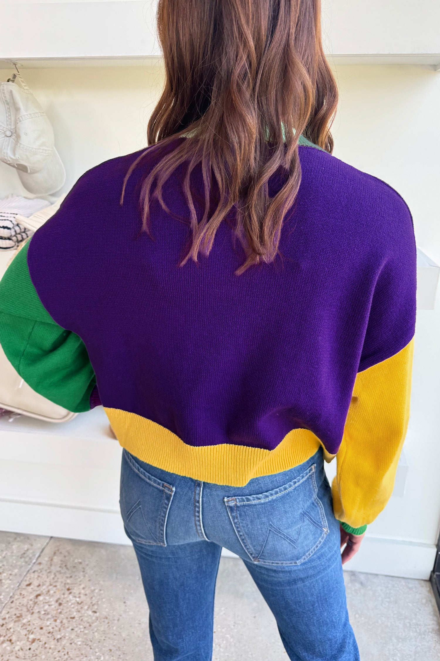 Tillandsia Purple Colorblock Patchwork Fuzzy Mardi Gras Graphic Sweater