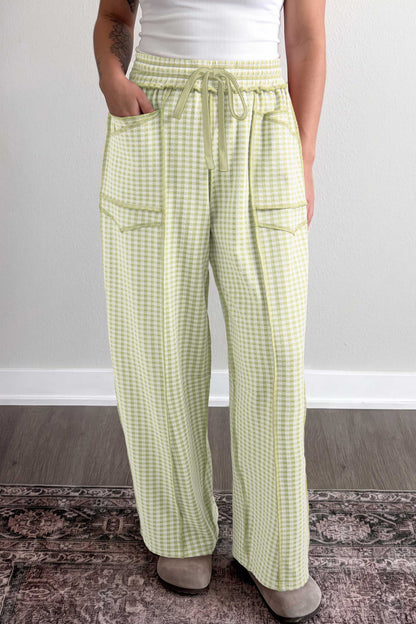 Green Plaid Contrast Trim Drawstring Elastic Waist Shift Pants