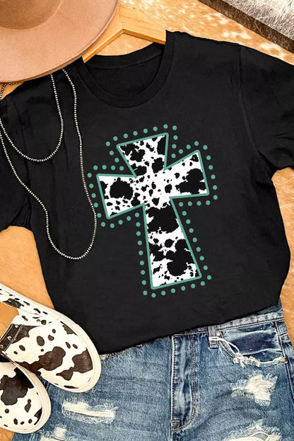 Camiseta negra con estampado animal y gráfico cruzado