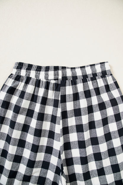 Blue Gingham Plaid Tie Elastic Waist Shift Pants