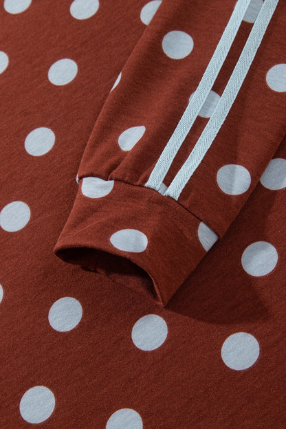 Brown Polka Dot Print Side Stripe Detail Long Sleeve Top Casual Pant Set