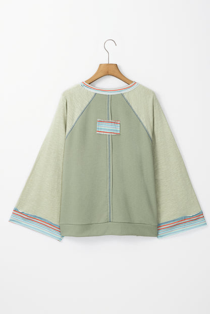 Haut raglan patchwork à manches larges et en tricot gaufré vert Meadow Mist