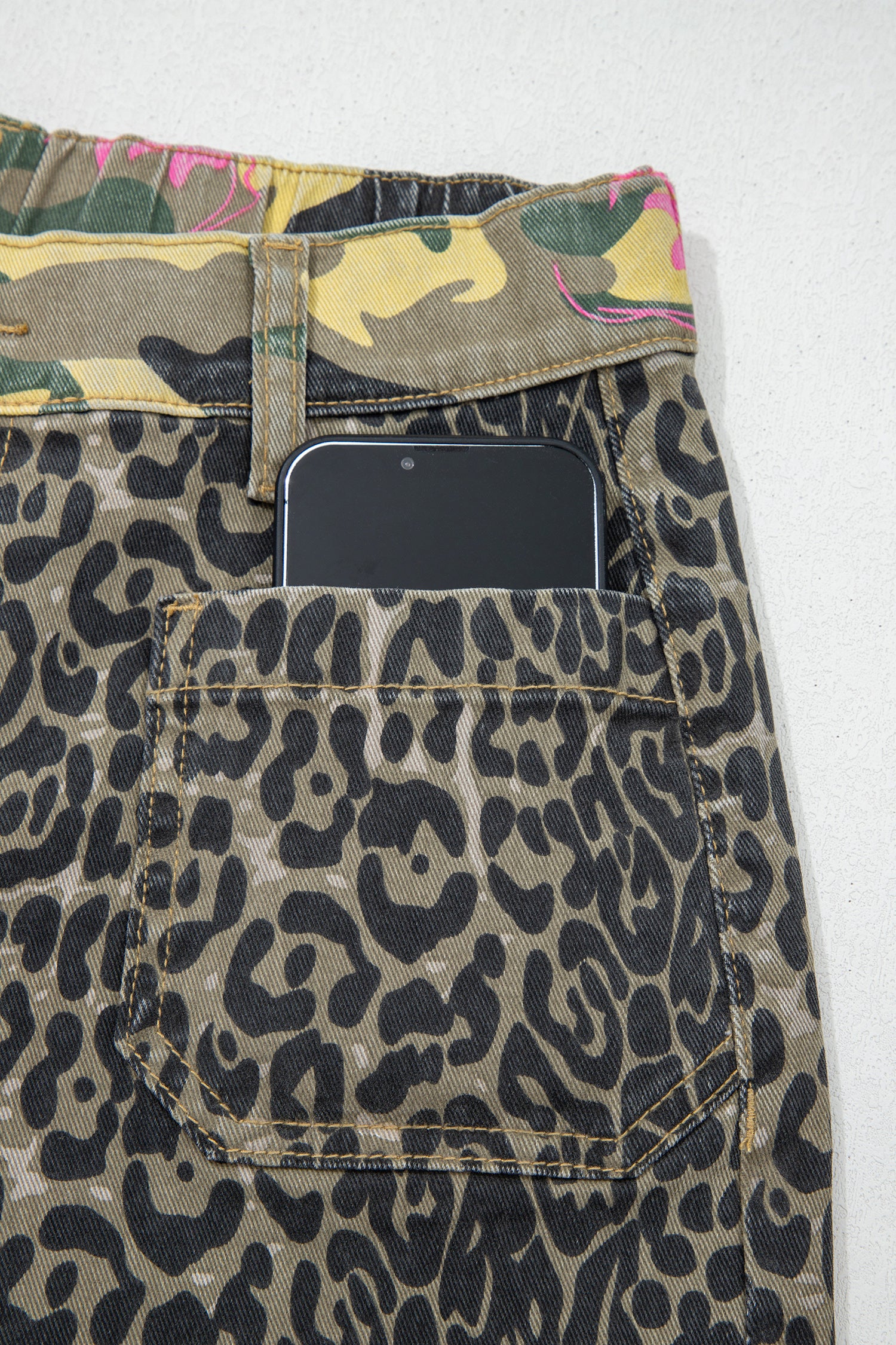 Multicolour Abstract Camouflage Print Contrast Leopard Patchwork Straight Leg Jeans