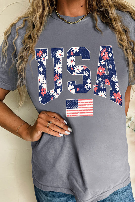 Gray Blooming USA Flag Print Casual T Shirt