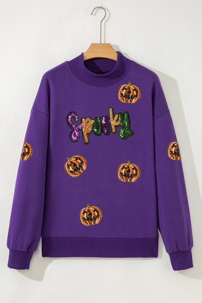 Tillandsia Purple Sequin Pumpkin Spooky Graphic Halloween Pullover Sweatshirt