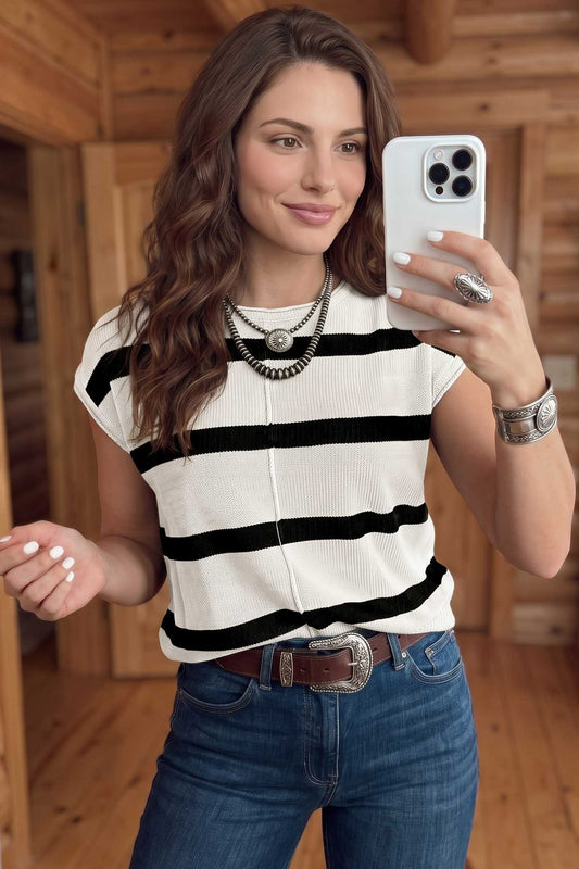 White Stripe Knit Western Short Sleeve Sweater