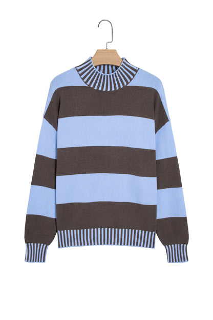 Sky Blue Stripe Contrast High Neck Dropped Shoulder Relaxed Pullover Sweater