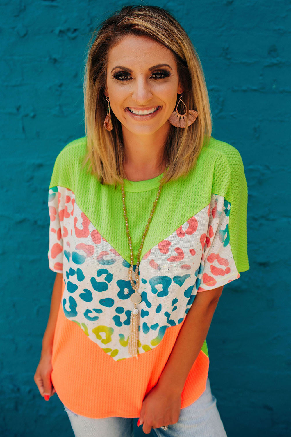 T-shirt patchwork en maille gaufrée léopard à blocs de couleurs 