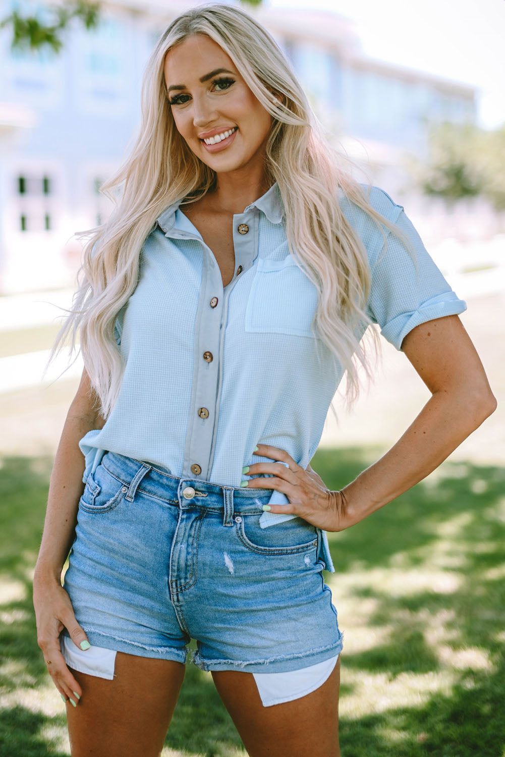 Acid Wash Waffle Knit Short Sleeve Buttoned Shirt