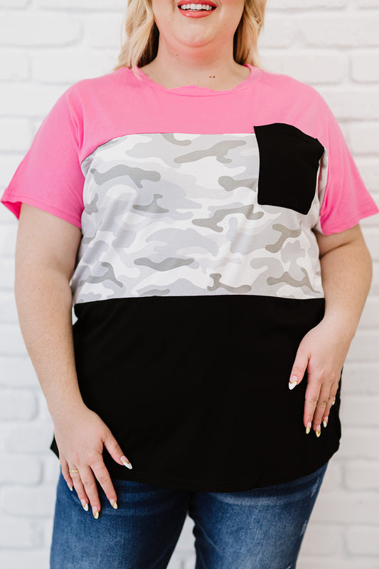Rose Camouflage Insert Colorblock Splicing Plus Size Top