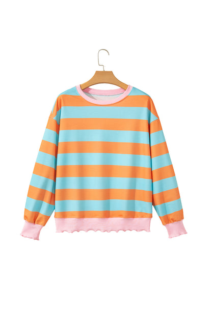Orange Stripe Ribbed Color Block Trim Round Neck Long Sleeve Shift Top