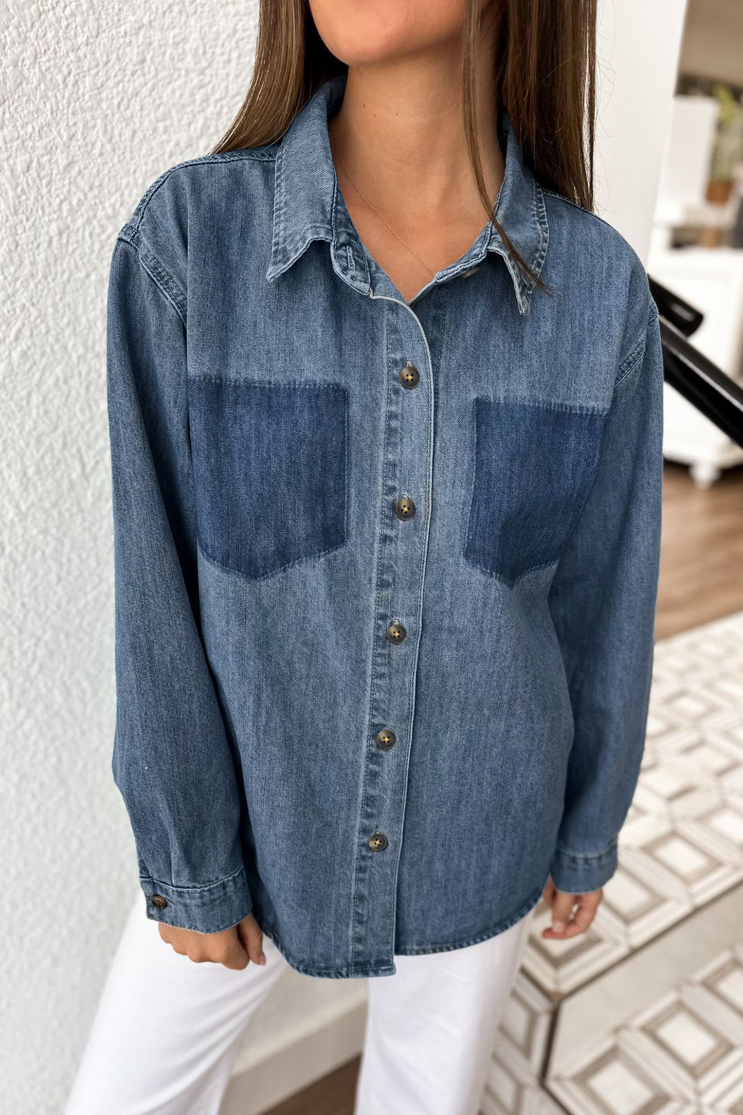 Sky Blue Color Block Pocket Detail Casual Button Down Denim Shirt