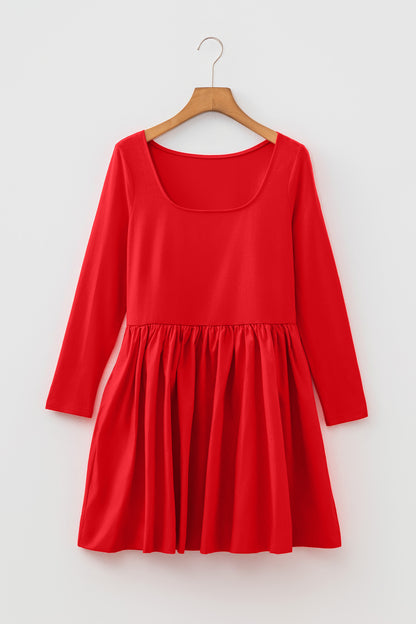 Fiery Red U Neck Long Sleeve Fit and Flare Short Dress