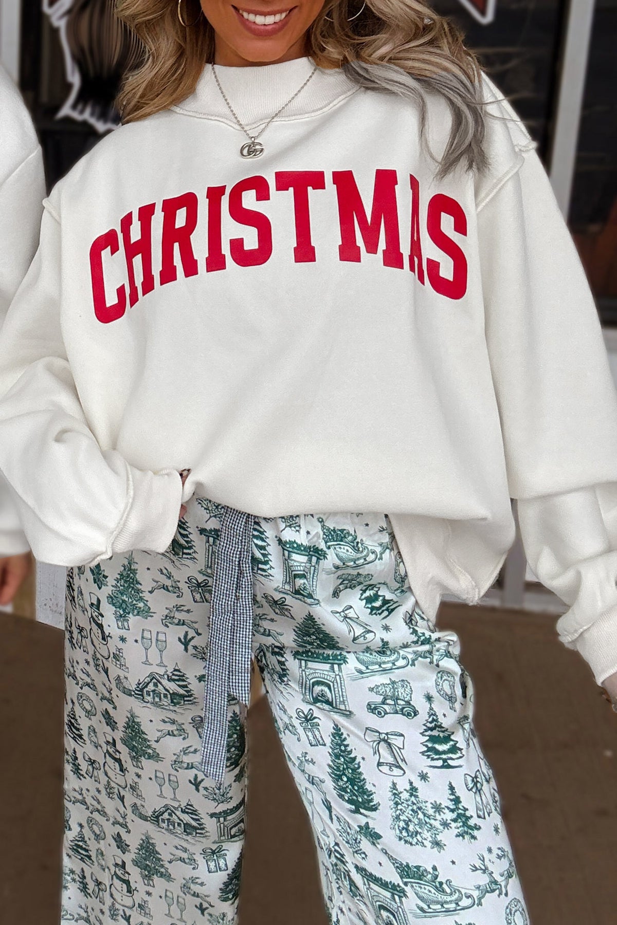 White MERRY/CHRISTMAS Reversible Print Mock Neck Baggy Pullover Sweatshirt