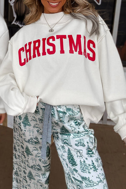 White MERRY/CHRISTMAS Reversible Print Mock Neck Baggy Pullover Sweatshirt