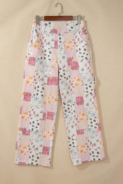 Pink Floral Patchwork Wide Leg Full Length Jeans