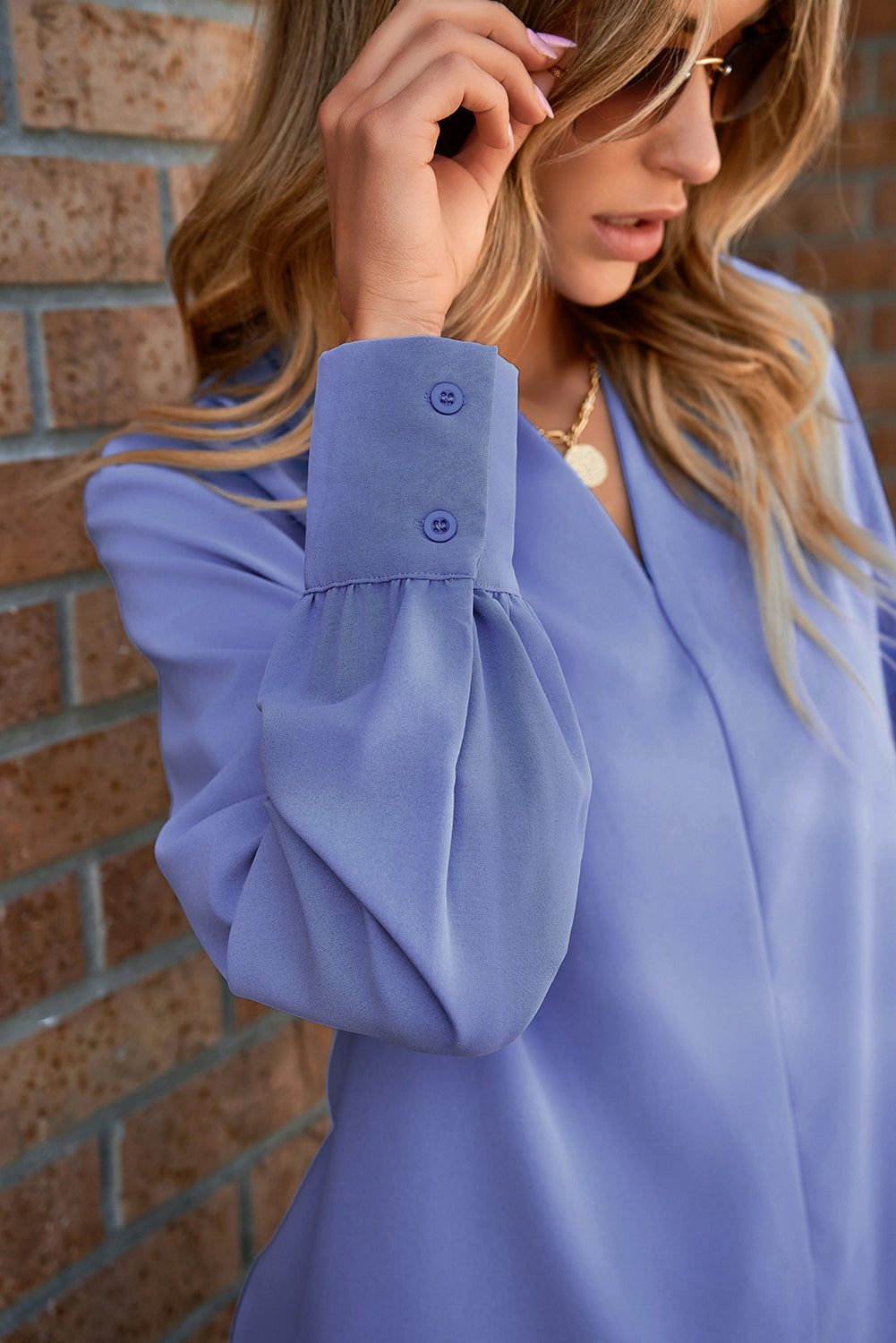 Sky Blue Solid Color V Neck Breezy Long Sleeve Blouse