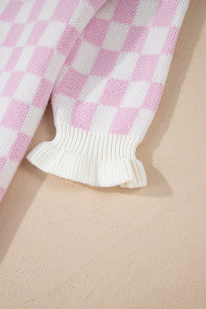 Cardigan rose clair à carreaux, manches 3/4, volants et lacets